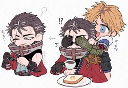 Rule 34 | !?, 2boys, anger vein, armor, asymmetrical gloves, auron, black gloves, black shorts, blonde hair, blue eyes, bracer, bread, bread slice, brown eyes, butter, chibi, cleaning glasses, coffee, coffee mug, covering another&#039;s eyes, cropped jacket, cup, earrings, facial hair, final fantasy, final fantasy x, food, glasses, gloves, grey hair, high collar, holding, holding cup, jacket, japanese armor, japanese clothes, jewelry, male focus, mug, multicolored hair, multiple boys, necklace, one eye closed, open mouth, pants, pauldrons, plate, roots (hair), scar, scar on face, short hair, shorts, shoulder armor, single pauldron, smile, streaked hair, sunglasses, tidus, toast, ttnoooo