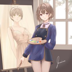 Rule 34 | 1girl, absurdres, apron, blue apron, bob cut, brown hair, easel, highres, holding, holding brush, holding palette, original, painting (object), palette (object), purple eyes, shirt, signature, solo, standing, tisato yuki, white shirt, window