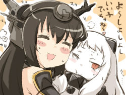Rule 34 | 10s, 2girls, :3, :d, :t, ^ ^, abyssal ship, blush, blush stickers, brown hair, cheek-to-cheek, closed eyes, closed mouth, commentary request, engiyoshi, headgear, heads together, horns, kantai collection, long hair, mittens, multiple girls, nagato (kancolle), northern ocean princess, nuzzle, one eye closed, open mouth, red eyes, revision, smile, translated, white hair