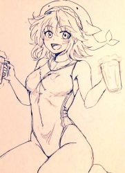 Rule 34 | 1girl, alcohol, alternate costume, animal print, bare legs, barefoot, beer, beer mug, breasts, commentary request, competition swimsuit, covered navel, cup, d-m (dii emu), eyelashes, fish print, greyscale, holding, holding cup, looking at viewer, monochrome, mug, okunoda miyoi, one-piece swimsuit, open mouth, seiza, short hair, sitting, swimsuit, touhou, whale hat, whale print