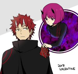 Rule 34 | 1boy, 1girl, 7100potechi, black cloak, bob cut, cloak, dated, floating, gift, giving, hairein, hetero, holding, holding gift, horns, long sleeves, looking at another, looking away, mira (world trigger), outstretched arm, portrait (object), purple eyes, purple hair, red hair, short hair, sideways glance, valentine, white background, world trigger