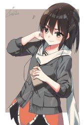 Rule 34 | 10s, 1girl, anchor symbol, arm up, black skirt, blush, brown background, brown eyes, brown hair, cardigan, cellphone, closed mouth, commentary request, earphones, frills, hair between eyes, holding, holding phone, kantai collection, koruri, long sleeves, looking at viewer, musical note, one-hour drawing challenge, phone, quaver, scarf, sendai (kancolle), short hair, signature, simple background, skirt, sleeves pushed up, smartphone, smile, solo, upper body, white scarf