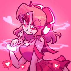 Rule 34 | 1girl, breasts, choker, cleavage, fingerless gloves, gloves, headphones, heart, heart-shaped pupils, long hair, miss heed, pink hair, skirt, symbol-shaped pupils, villainous