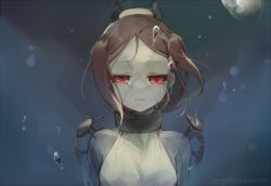 Rule 34 | 1girl, bare shoulders, breasts, brown hair, carol (skullgirls), collar, completion time, crying, crying with eyes open, hospital gown, nail, ng (kimjae737), no mask, painwheel (skullgirls), parted bangs, red eyes, scar, skullgirls, small breasts, solo, tears, underwater
