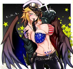 Rule 34 | 1girl, abs, american flag bikini, aqua eyes, arm behind head, bare shoulders, belt, bikini, bird wings, biting, black gloves, black jacket, black pants, black sleeves, border, breasts, brown wings, commentary, copyright name, cowboy shot, dog tags, feathered wings, flag print, glove biting, glove in mouth, gloves, hair between eyes, hat, highres, huge breasts, jacket, long sleeves, looking at viewer, medium hair, midriff, mouth hold, navel, original, pants, personification, red lips, ryuu tou, shadow, shiny clothes, smile, solo, sparkle, star (symbol), string bikini, sunglasses, swimsuit, tattoo, teeth, thick eyelashes, thong, united states, white border, wings