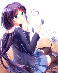 Rule 34 | 10s, 1girl, black thighhighs, blue skirt, blush, card, copyright name, english text, green eyes, heart, long hair, long sleeves, looking at viewer, looking back, love live!, love live! school idol project, ntk (7t5), pink scrunchie, plaid, plaid skirt, purple hair, school uniform, scrunchie, skirt, smile, solo, text focus, thighhighs, tojo nozomi, twintails