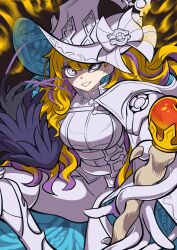 Rule 34 | 1girl, absurdres, angry, blonde hair, breasts, cape, diabellze the original sinkeeper, duel monster, eye of horus, gloves, hat, highres, holding, holding staff, large breasts, long hair, multicolored hair, purple hair, smile, staff, streaked hair, wadatsumi (sense11531153), white headwear, witch hat, yu-gi-oh!