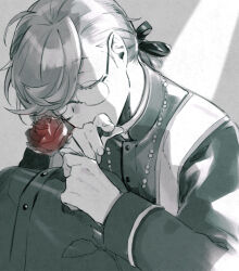 Rule 34 | 1boy, cassock, closed eyes, covered mouth, feet out of frame, flower, glasses, grey background, greyscale, hair over one eye, hair ribbon, holding, holding flower, jewelry, kanae (nijisanji), knees to chest, knees up, long hair, low ponytail, male focus, mole, mole under eye, monochrome, necklace, nijisanji, red flower, red rose, ribbon, rose, sitting, spot color, stole, suekane kumiko, virtual youtuber