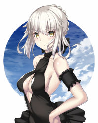 Rule 34 | 1girl, arm strap, artoria pendragon (alter swimsuit rider) (fate), artoria pendragon (alter swimsuit rider) (first ascension) (fate), artoria pendragon (fate), black one-piece swimsuit, black ribbon, breasts, cleavage, cleavage cutout, clothing cutout, fate/grand order, fate (series), hair between eyes, hair ribbon, hand on own hip, highres, looking at viewer, medium breasts, one-piece swimsuit, ribbon, shiny skin, short hair with long locks, sideboob, sidelocks, silver hair, simple background, solo, standing, swimsuit, takanashi-a, upper body, white background, yellow eyes