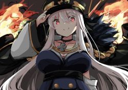 Rule 34 | 1girl, arm up, backlighting, black choker, black hat, blue dress, blush, breasts, choker, closed mouth, coat, collarbone, commentary request, cross, cross choker, dress, fur-trimmed coat, fur trim, girls&#039; frontline, gold trim, hair between eyes, hakuya (white night), hand on headwear, hat, iron cross, kar98k (girls&#039; frontline), large breasts, long hair, looking at viewer, military hat, open clothes, open coat, peaked cap, red eyes, silver hair, smile, solo, very long hair, white coat