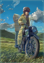 Rule 34 | 00s, 1girl, androgynous, cloud, day, field, hermes (kino no tabi), kino (kino no tabi), kino no tabi, luggage, motor vehicle, motorcycle, realistic, reise, reverse trap, sky, solo, vehicle