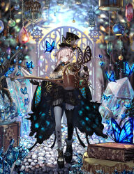 Rule 34 | androgynous, black gloves, black thighhighs, blue butterfly, book, brown eyes, bug, butterfly, crystal, earrings, gate, gear print, gears, gloves, gold trim, hat, hat ornament, highres, insect, jewelry, original, pale skin, platform footwear, romayasu, solo, standing, thighhighs, top hat, tree stump, watering can, white thighhighs, wide sleeves