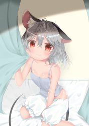 Rule 34 | 1girl, absurdres, animal ear fluff, animal ears, artist request, bloomers, blush, breasts, cleavage, collarbone, curtain grab, curtains, grey hair, hair between eyes, highres, looking at viewer, mouse ears, mouse tail, nazrin, red eyes, short hair, sitting, small breasts, smile, tail, tank top, touhou, underwear, wariza