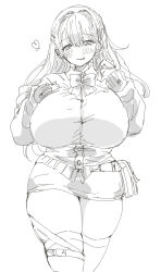 Rule 34 | 1girl, :p, belt pouch, blush, bow, bowtie, breasts, closed mouth, collared shirt, goddess of victory: nikke, greyscale, hair ornament, hand on own chest, heart, highres, huge breasts, jacket, long hair, looking at viewer, monochrome, off-shoulder jacket, off shoulder, pencil skirt, pouch, puffy sleeves, shirt, simple background, sketch, skindentation, skirt, sleeves past wrists, solo, thick thighs, thighhighs, thighs, tia (nikke), tongue, tongue out, white background, yutaka666