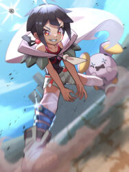 Rule 34 | 1girl, anklet, belt, black hair, black shirt, blurry, boots, cloak, cloud, commentary request, creatures (company), day, eyelashes, from below, game freak, gen 3 pokemon, grey footwear, grey shorts, grey thighhighs, grin, highres, inana umi, jewelry, legs apart, nintendo, outdoors, over-kneehighs, pokemon, pokemon (creature), pokemon oras, red belt, red eyes, rope belt, shirt, short shorts, shorts, sky, smile, squatting, teeth, thighhighs, toeless footwear, whismur, zinnia (pokemon)
