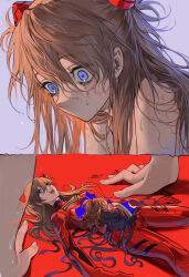 Rule 34 | 1girl, absurdres, aged down, artist request, blue eyes, bodysuit, breasts, brown hair, child, dated, doll, empty eyes, feet out of frame, female focus, fetal position, hair ornament, highres, huli xiaobai, interface headset, long hair, multiple persona, neon genesis evangelion, no mouth, open mouth, plugsuit, red background, red bodysuit, sad, shiny clothes, shiny skin, simple background, size difference, smile, souryuu asuka langley, surreal, sweat, sweatdrop, teardrop, tears, wide hips
