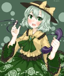 Rule 34 | 1girl, ascot, blush, bow, brooch, collar, corded phone, egret, eyeball, floral print, frilled collar, frilled shirt, frilled shirt collar, frilled skirt, frilled sleeves, frills, green eyes, green hair, hat, hat bow, hat ribbon, heart, heart of string, highres, jewelry, komeiji koishi, long sleeves, matching hair/eyes, open mouth, phone, ribbon, rose print, shirt, short hair, skirt, solo, third eye, touhou, wide sleeves