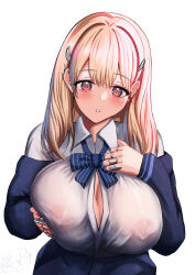 Rule 34 | 1girl, artxeku, blonde hair, blue bow, blue bowtie, blue jacket, blush, bow, bowtie, breasts, brown eyes, button gap, claw ring, cleavage, collared shirt, goddess of victory: nikke, hair ornament, highres, huge breasts, jacket, jewelry, long hair, looking at viewer, multiple rings, off-shoulder jacket, off shoulder, parted lips, partially unbuttoned, puffy sleeves, ring, shirt, signature, simple background, solo, tia (nikke), white background, white shirt