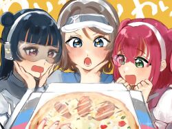 blue_eyes blue_hair blush brown_hair drooling food green_eyes kurosawa_ruby long_hair love_live! love_live!_sunshine!! multiple_girls open_mouth pizza purple_eyes red_hair short_hair smile tsushima_yoshiko twintails watanabe_you