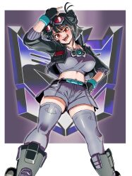 Rule 34 | 1girl, black gloves, black hair, black jacket, breasts, commission, dark persona, decepticon, eyewear on head, fingerless gloves, genderswap, genderswap (mtf), gloves, grey shorts, grey thighhighs, hair bun, hand on own hip, jacket, jewelry, kin-san (sasuraiga), kotobukiya bishoujo, middle finger, necklace, open clothes, open jacket, open mouth, optimus prime, optimus prime (kotobukiya bishoujo), optimus prime (shattered glass), red eyes, shorts, skeb commission, solo, thighhighs, tongue, tongue out, transformers, transformers shattered glass