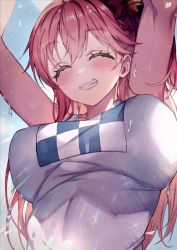 Rule 34 | 1girl, ^ ^, arms up, blush, breasts, clenched teeth, closed eyes, commentary request, closed eyes, hololive, large breasts, long hair, pink hair, redcomet, sakura miko, shirt, smile, sweat, teeth, upper body, virtual youtuber, white shirt