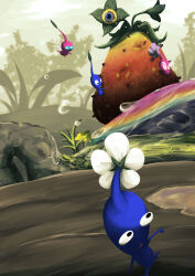 Rule 34 | absurdres, battle, black eyes, blue eyes, blue pikmin, blue skin, cloud, colored skin, commentary request, day, eyeball, fighting, flower, flying, food, fruit, grass, green sky, highres, insect wings, leaf, long tongue, looking at another, moss, mud, nintendo, no humans, no mouth, outdoors, pikmin (creature), pikmin (series), pink skin, purple flower, quaggled mireclops, running, saliva, size difference, solid circle eyes, strawberry, tongue, tree, triangle mouth, usuba (hatomugip), white flower, winged pikmin, wings, yellow flower