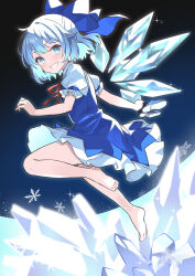 Rule 34 | 1girl, absurdres, ahase hino, bare legs, barefoot, blue bow, blue dress, blue eyes, blue footwear, blue hair, bow, cirno, colored shoe soles, dress, frilled shirt collar, frills, full body, grin, hair bow, highres, holding, holding clothes, holding footwear, ice, ice wings, looking at viewer, neck ribbon, pinafore dress, puffy short sleeves, puffy sleeves, red ribbon, ribbon, shirt, short dress, short hair, short sleeves, sleeveless, sleeveless dress, smile, snowflakes, solo, sparkle, toes, touhou, unworn footwear, white shirt, wings