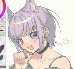 1girl :3 :d animal_ear_fluff animal_ears art_program_in_frame bang_dream! bang_dream!_it&#039;s_mygo!!!!! bare_shoulders black_choker cat_ears chinese_commentary choker commentary_request hand_up highres looking_at_viewer open_mouth purple_eyes purple_hair short_hair smile solo twirling_hair upper_body y1n yuutenji_nyamu