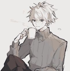 Rule 34 | 1boy, absurdres, alternate costume, closed mouth, cup, genshin impact, greyscale, hair between eyes, highres, holding, holding cup, kazuha&#039;s friend (genshin impact), long sleeves, looking at viewer, male focus, monochrome, mug, notice lines, ponytail, ribbed sweater, scar, scar on face, sho yai, simple background, sketch, solo, steam, sweater, turtleneck, turtleneck sweater, white background