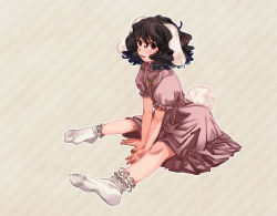 Rule 34 | 1girl, animal ears, black hair, carrot, dress, face, feet, female focus, inaba tewi, jewelry, pendant, purple hair, rabbit ears, rabbit girl, rabbit tail, red eyes, short hair, sitting, smile, socks, solo, striped, striped background, tail, touhou, white socks, wtuw