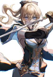Rule 34 | 1girl, aquila favonia (genshin impact), blonde hair, blue eyes, bow, cape, commentary request, covered mouth, detached sleeves, floating hair, gauntlets, genshin impact, hair between eyes, hair bow, highres, holding, holding sword, holding weapon, jean (genshin impact), jean (gunnhildr&#039;s legacy) (genshin impact), long hair, looking at viewer, official alternate costume, pants, ponytail, situki, sketch, solo, sword, weapon, white background, white pants