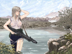 Rule 34 | 1girl, breasts, caterpillar tracks, cloud, damaged, day, g3104, gun, highres, large breasts, machine gun, mg42, military, military vehicle, motor vehicle, mountain, nature, original, river, scenery, see-through, shirt, sky, solo, tank, torn clothes, vehicle, weapon, wet, wet clothes, wet shirt