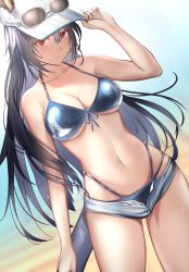 Rule 34 | 1girl, absurdres, adjusting clothes, adjusting headwear, arknights, ascter, bare arms, bare shoulders, beach, bikini, blue bikini, blue hair, blurry, blurry background, breasts, ch&#039;en (arknights), ch&#039;en the holungday (arknights), ch&#039;en the holungday (elite ii) (arknights), chinese commentary, cleavage, closed mouth, collarbone, commentary request, cowboy shot, dragon horns, dragon tail, eyewear on headwear, front-tie bikini top, front-tie top, grey shorts, hair between eyes, hair ornament, highleg, highleg bikini, highres, horns, long hair, looking at viewer, medium breasts, navel, official alternate costume, open fly, red eyes, rhodes island logo (arknights), short shorts, shorts, smile, solo, standing, stomach, string bikini, sweat, swimsuit, tail, very long hair