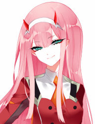 Rule 34 | 10s, 1girl, breasts, chinese commentary, commentary request, darling in the franxx, green eyes, hair between eyes, hairband, head tilt, horns, jacket, long hair, long sleeves, looking at viewer, medium breasts, military, military uniform, necktie, orange necktie, pink hair, red horns, red jacket, sheya, sidelocks, simple background, smile, solo, uniform, upper body, white background, white hairband, zero two (darling in the franxx)