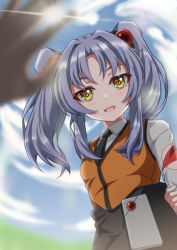 Rule 34 | 1girl, :d, arms behind back, black necktie, black skirt, blurry, blurry foreground, blush, collared shirt, day, grey hair, hair ornament, highres, hoshino ruri, kidou senkan nadesico, long hair, looking at viewer, necktie, open mouth, orange vest, outdoors, pov, ru-ha, shirt, skirt, smile, solo focus, sunlight, twintails, vest, white shirt, wing collar, yellow eyes