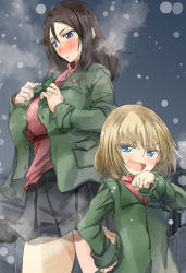 Rule 34 | 10s, 2girls, blonde hair, blouse, blue eyes, blush, breasts, brown hair, girls und panzer, hand on own hip, hand to own mouth, height difference, katyusha (girls und panzer), large breasts, long hair, multiple girls, nonna (girls und panzer), open mouth, red shirt, shirt, short hair, skirt, smile, smug, v-shaped eyebrows, yohane