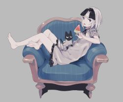 Rule 34 | 1girl, animal, armchair, barefoot, black ribbon, cat, chair, commentary request, dress, food, frilled dress, frills, full body, grey background, hair ribbon, holding, looking at viewer, neck ribbon, open mouth, original, popsicle, purple eyes, ribbon, short hair, short sleeves, silver hair, simple background, sitting, solo, sweatdrop, teeth, urayamashiro (artist), watermelon bar, whiskers