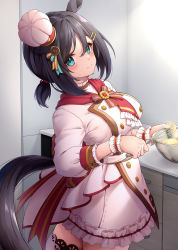 Rule 34 | 1girl, animal ears, aqua eyes, awa yume, black hair, bowl, breasts, chef, chef hat, closed mouth, commentary request, cream, eishin flash (collect chocolatier) (umamusume), eishin flash (umamusume), frilled sleeves, frills, hair between eyes, hair ornament, hairclip, hat, highres, holding, horse ears, horse girl, horse tail, large breasts, looking at viewer, pink hat, short hair, short ponytail, smile, solo, tail, umamusume, wrist cuffs