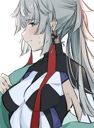 Rule 34 | 1girl, aqua eyes, black bodysuit, blush, bodysuit, breasts, closed mouth, clothing cutout, earrings, fate/grand order, fate/samurai remnant, fate (series), grey hair, haori, highres, japanese clothes, jewelry, kaeru0617173, long hair, looking at viewer, medium breasts, multicolored bodysuit, multicolored clothes, opened by self, ponytail, sidelocks, solo, sweat, swimsuit, swimsuit under clothes, upper body, white background, white bodysuit, yui shousetsu (fate), yui shousetsu (first ascension) (fate)