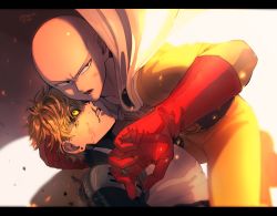 Rule 34 | 2boys, bald, black sclera, blonde hair, blood, blood from mouth, bodysuit, cape, colored sclera, dated, genos, gloves, highres, kani seijin, letterboxed, male focus, multiple boys, one-punch man, open mouth, red gloves, saitama (one-punch man), shiny skin, short hair, white cape, yellow bodysuit, yellow eyes