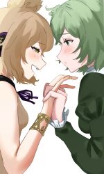 Rule 34 | 2girls, blush, bracelet, breasts, brown hair, closed mouth, commentary, from side, green hair, highres, holding hands, jewelry, juliet sleeves, karubo 100sei, long sleeves, multiple girls, open mouth, puffy sleeves, short hair, simple background, soga no tojiko, touhou, toyosatomimi no miko, white background, yuri