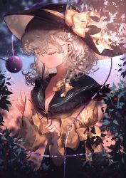 Rule 34 | 1girl, arms up, berry, black hat, blouse, blurry, braid, breasts, cleavage, closed eyes, commentary request, cowboy shot, curly hair, dangle earrings, depth of field, earrings, frilled shirt collar, frills, green skirt, hair between eyes, hair ribbon, hat, highres, jewelry, komeiji koishi, leaf, lens flare, light particles, long sleeves, majamari, mouth hold, ribbon, ribbon in mouth, shirt, silver hair, single braid, skirt, solo, standing, third eye, touhou, tress ribbon, untying, yellow shirt