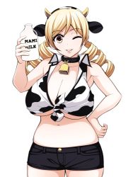 Rule 34 | 10s, 1girl, animal ears, animal print, bell, blonde hair, blush, bottle, breasts, cleavage, collar, cow ears, cow print, cowbell, drill hair, hairband, hand on own hip, horns, huge breasts, large breasts, long hair, looking at viewer, mahou shoujo madoka magica, mahou shoujo madoka magica (anime), midriff, milk bottle, navel, neck bell, one eye closed, plump, shirt, shorts, smile, solo, tied shirt, tomoe mami, torigoe takumi, twin drills, twintails, underboob, yellow eyes