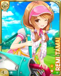 Rule 34 | 1girl, :o, apron, bare legs, brown eyes, brown hair, card (medium), day, girlfriend (kari), golf, golf club, golf course, looking at viewer, low twintails, official art, one eye closed, open mouth, outdoors, pink shorts, qp:flapper, shorts, solo, standing, tagme, tamai remi, twintails