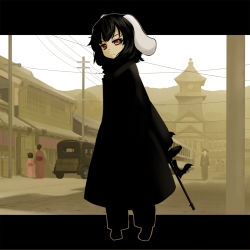 Rule 34 | 1girl, animal ears, architecture, black hair, car, coat, drum magazine, east asian architecture, female focus, frown, gun, high-capacity magazine, highres, inaba tewi, japanese clothes, kimono, kuro oolong, letterboxed, looking at viewer, mafia ii, magazine (weapon), motor vehicle, power lines, rabbit ears, red eyes, road, short hair, solo, street, submachine gun, thompson submachine gun, touhou, tower, town, utility pole, vehicle, vertical forward grip, weapon