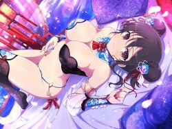 Rule 34 | 1girl, armpits, ass, asuka (senran kagura), bare shoulders, bed, bed sheet, black bra, black hair, black thighhighs, blue bra, blue thighhighs, blush, bow, bra, braid, braided bun, breasts, brown eyes, butt crack, chinese clothes, cleavage, closed mouth, come hither, curtains, detached collar, detached sleeves, double bun, falling petals, floral print, flower, gold, groin, hair between eyes, hair bow, hair bun, hair flower, hair ornament, hair ribbon, hand on own stomach, highres, jewelry, lantern, large breasts, lens flare, light particles, looking at viewer, lying, navel, official alternate costume, official alternate hairstyle, official art, on back, on bed, outdoors, panties, paper lantern, petals, pillow, red nails, red ribbon, red tassel, ribbon, senran kagura, senran kagura new link, senran kagura shoujo-tachi no shin&#039;ei, shiny skin, short hair, smile, solo, sparkle, thighhighs, thighs, thong, toeless legwear, two-tone bra, two-tone thighhighs, underwear, water, white bow, white ribbon, yaegashi nan