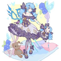 Rule 34 | 1girl, ahoge, arm up, asymmetrical legwear, black choker, black gloves, blue eyes, blue hair, breasts, checkered clothes, checkered legwear, choker, cleavage, doll, dress, drill hair, dual persona, eyeshadow, frilled dress, frills, gloves, gwen (league of legends), hair ornament, highres, holding, holding needle, holding scissors, holding weapon, league of legends, light blue hair, long hair, makeup, mismatched legwear, needle, oversized object, pantyhose, parted lips, pink pupils, purple eyeshadow, scissors, smile, solo, striped clothes, striped pantyhose, stuffed animal, stuffed rabbit, stuffed toy, teddy bear, thread, twintails, weapon, white dress, white footwear, white pantyhose, x hair ornament