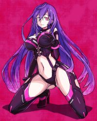 Rule 34 | 1girl, blue hair, bodysuit, breasts, cleavage, collarbone, elbow gloves, gloves, highres, iris heart, kami jigen game neptune v, large breasts, leotard, long hair, looking at viewer, navel, neptune (series), power symbol, power symbol-shaped pupils, pururut, red background, red eyes, simple background, smile, solo, stomach, symbol-shaped pupils, very long hair