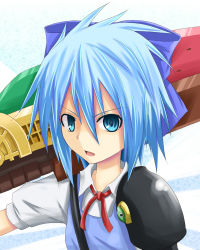 Rule 34 | 1girl, advent cirno, blue eyes, blue hair, bow, cirno, face, flask (pandora), hair bow, highres, matching hair/eyes, open mouth, puffy sleeves, short hair, short sleeves, solo, sword, touhou, weapon