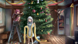 Rule 34 | 2girls, bell, black wings, blue dress, book, bow, brown shirt, candy, candy cane, christmas, christmas tree, commentary request, copyright name, creature, demon, demon wings, dress, food, full body, garland (decoration), grey eyes, grey hair, highres, horns, indoors, kerberos blade, lace, lace-trimmed dress, lace trim, ladder, long hair, looking at viewer, multiple girls, open mouth, ornament, pink bow, pink hair, pink shirt, pointy ears, purple eyes, red bow, shimada sarasara, shirt, short hair, smile, snowman, streamers, wings